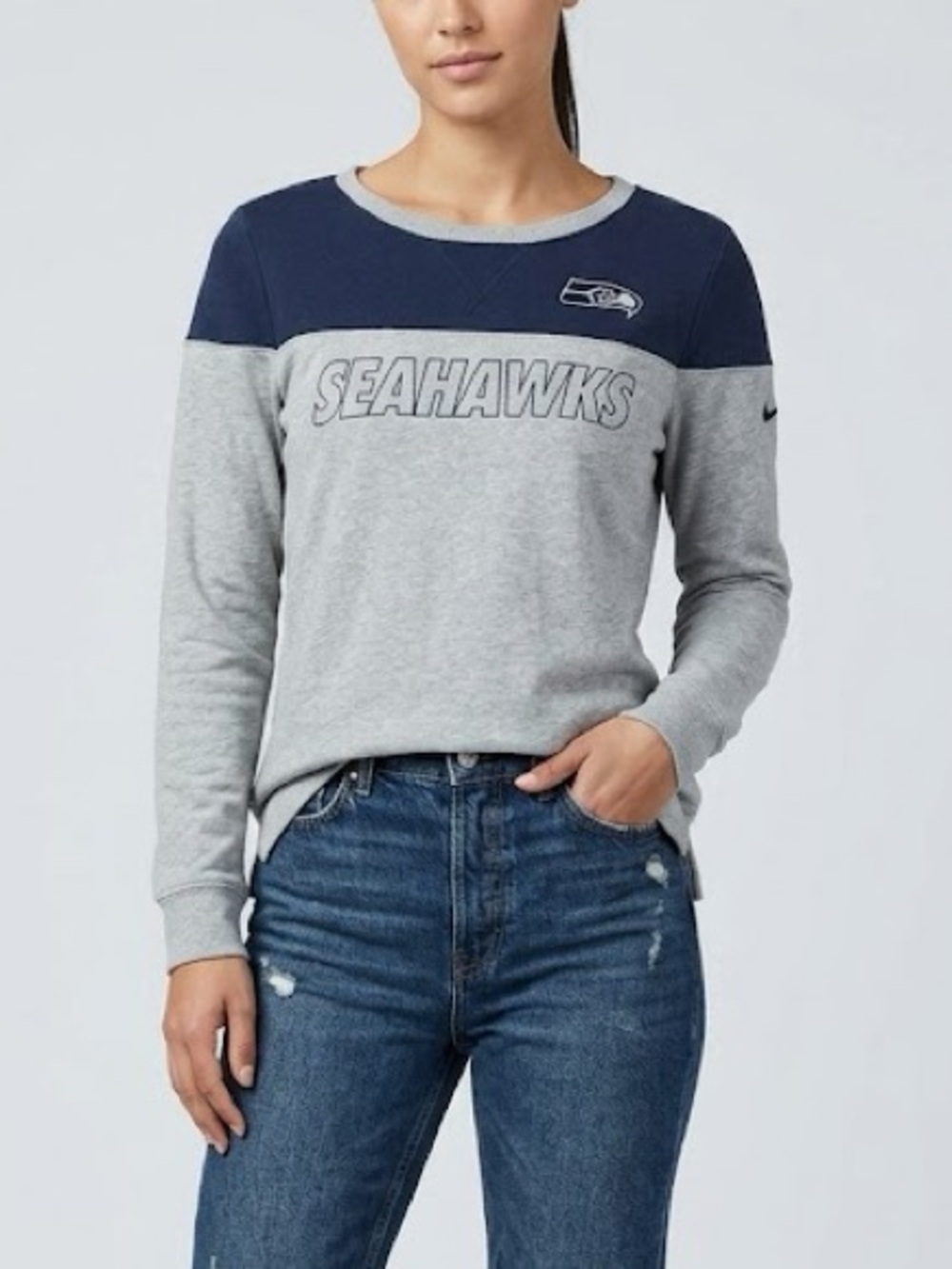 Nike Womens Heather Grey & Navy Chest Seahawks Graphic Logo Long Sleeve